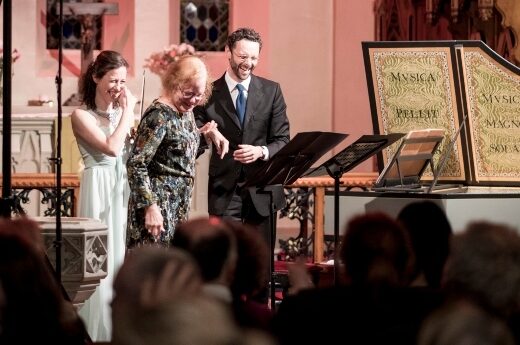Violinist Claire Duff, composer Jane O'Leary and harpsichordist Benjamin Alard at Lutherhaus, Dublin during a Music Network tour in March 2019.