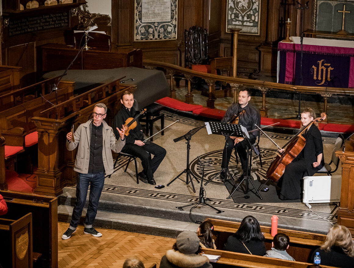Ed Bennett, Maxim Rysanov, Nikita Boriso-Glebsky and Dora Kokas in St. Anne's Church, Dublin during the Music Network March Concert