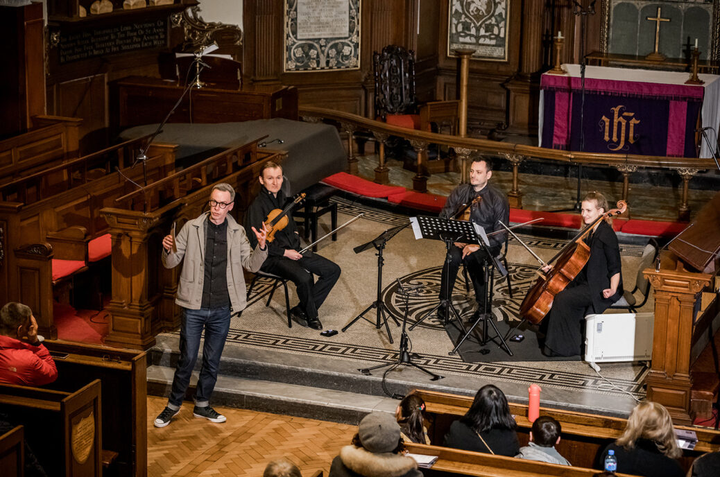 Ed Bennett, Maxim Rysanov, Nikita Boriso-Glebsky and Dora Kokas in St. Anne's Church, Dublin during the Music Network March Concert