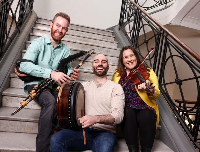 The Rossana Trio Mark Redmond (uilleann pipes, whistles, flute), Robbie Walsh (bodhrán) and Lynda O’Connor (violin/fiddle) at the launch of the Wicklow Teaching Residency